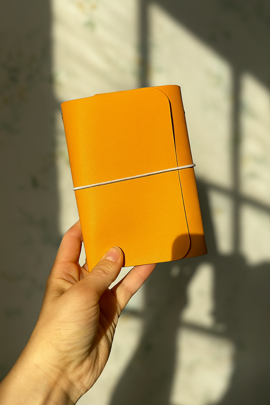 Hand holding a yellow notebook against a light background