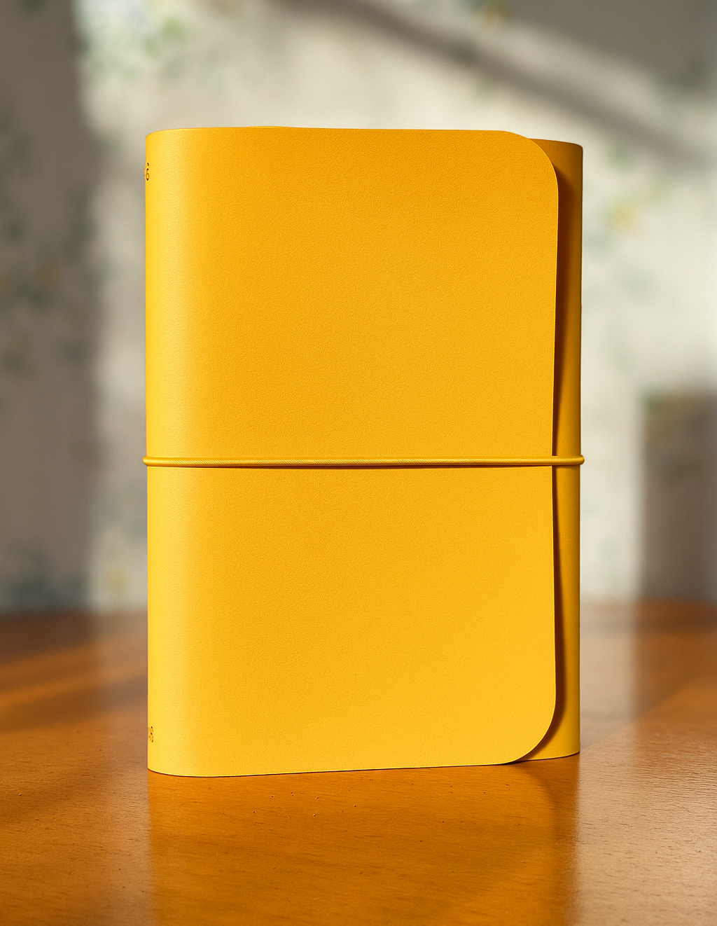 Yellow notebook on a wooden surface with a blurred background