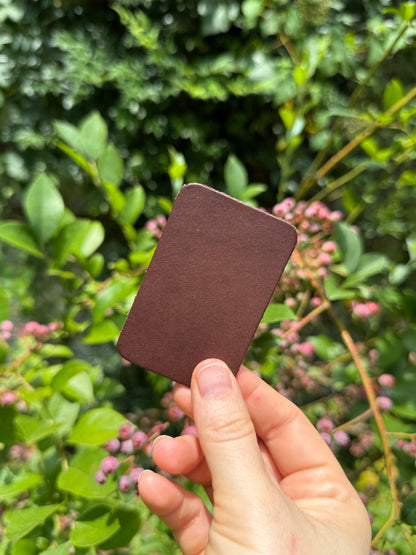 Hand holding a brown square card against a green leafy background