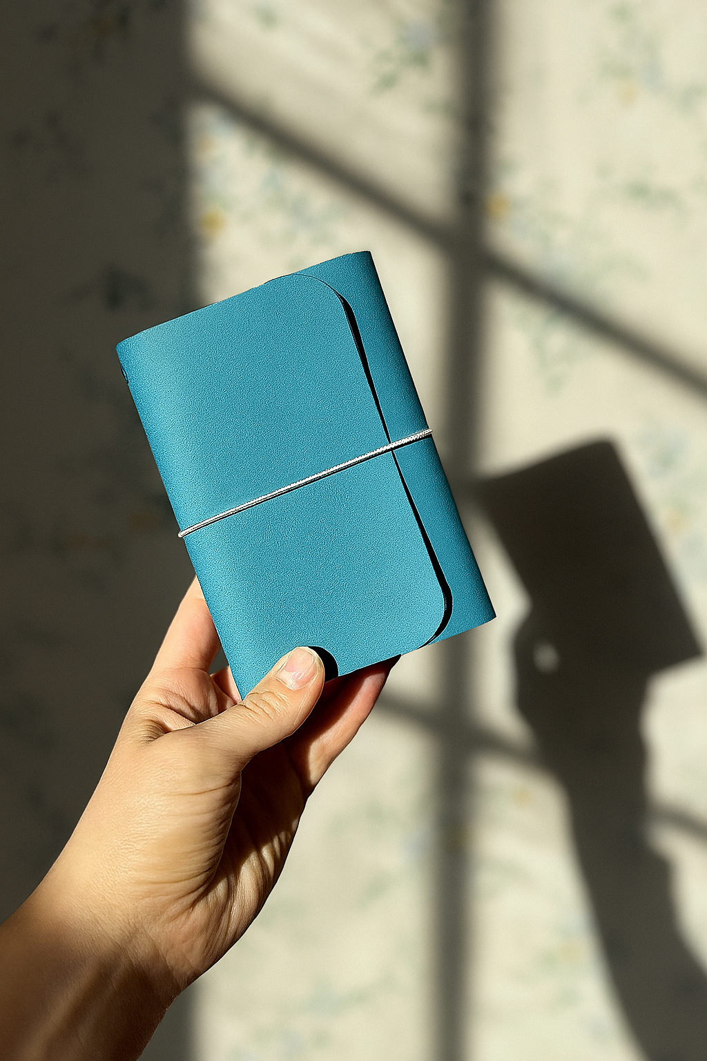 Hand holding a blue leather journal against a neutral background